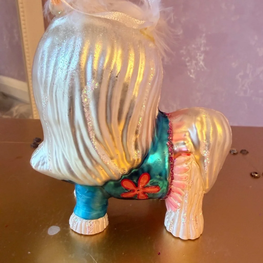 Hand Blown White Lasso Apso with a blue Dress & White Hair Bows Holiday Ornament